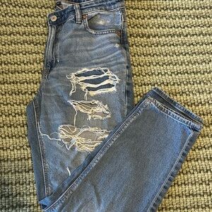 American Eagle Outfitters Ripped Straight Leg Jeans - Light Blue